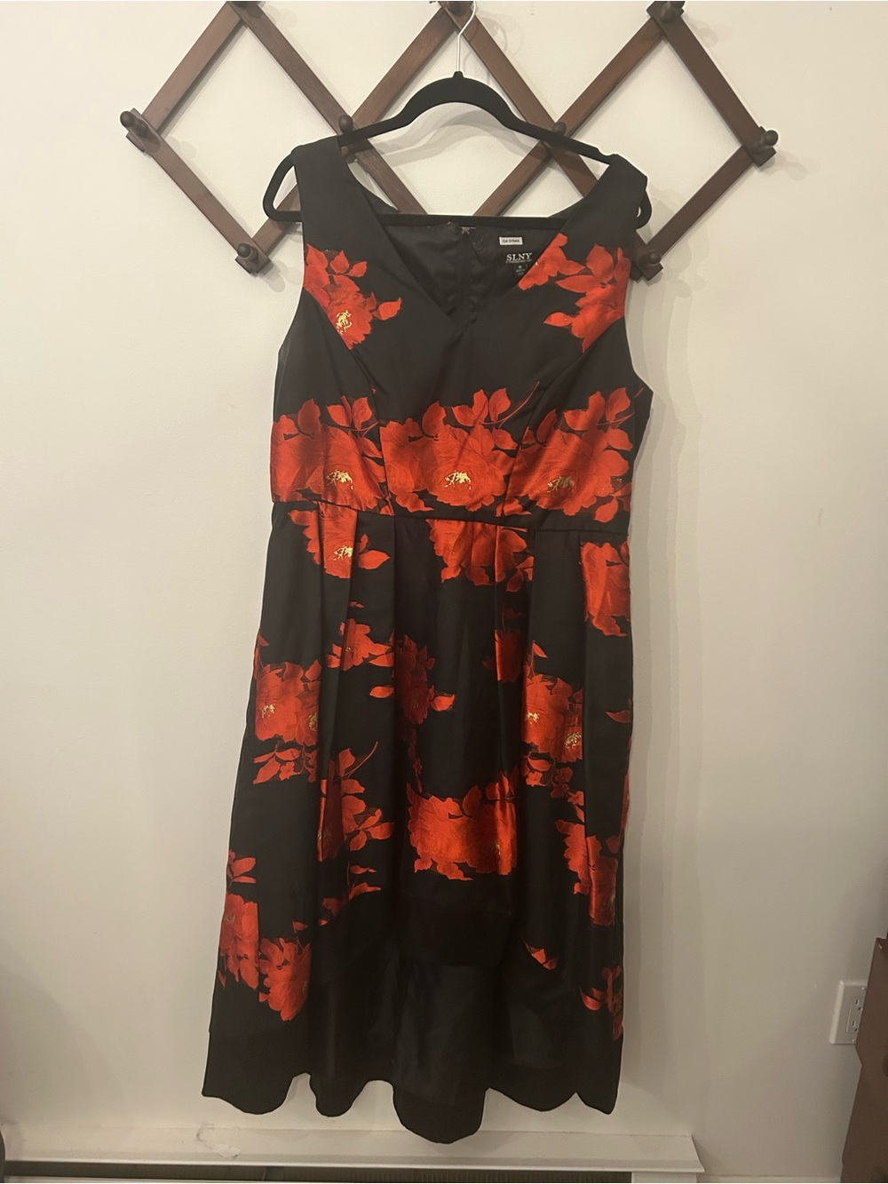 Black cocktail Dress with Red Floral Jacquard